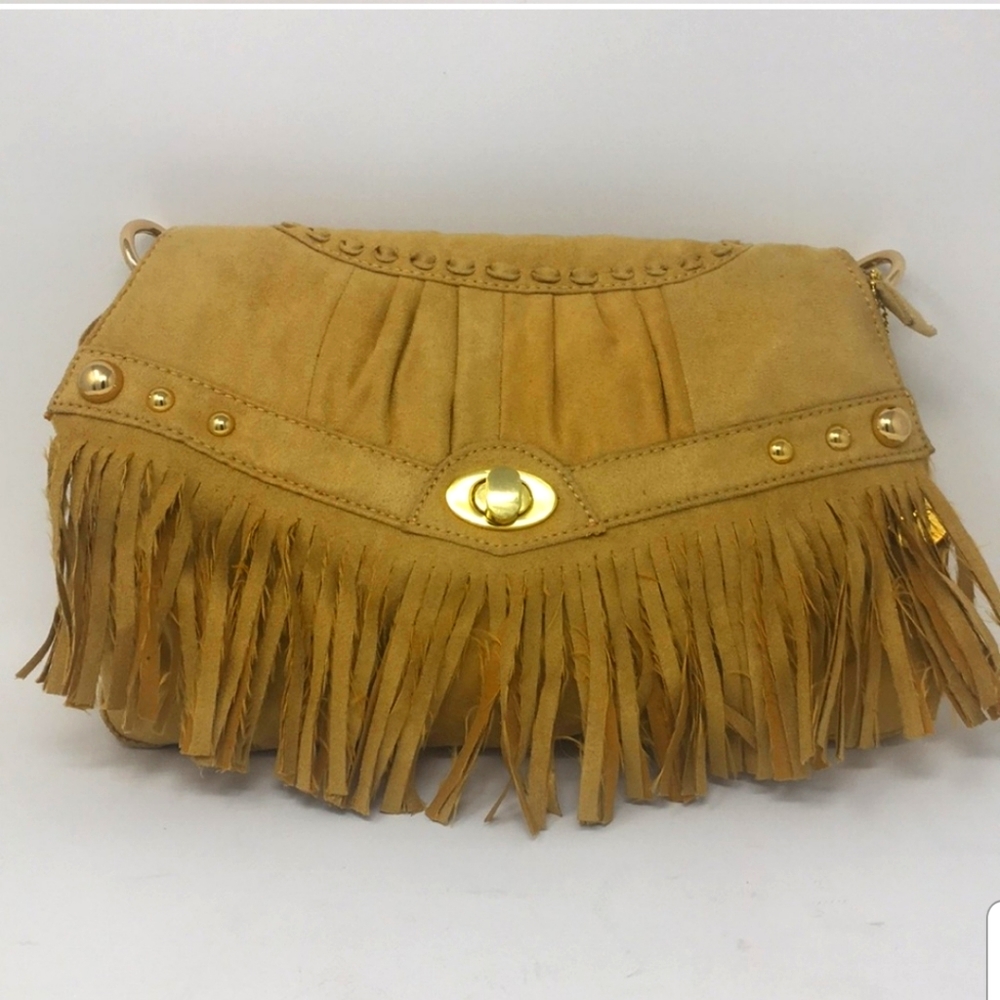 Big Buddha Tan Purse Gold Studs Fringe Festival